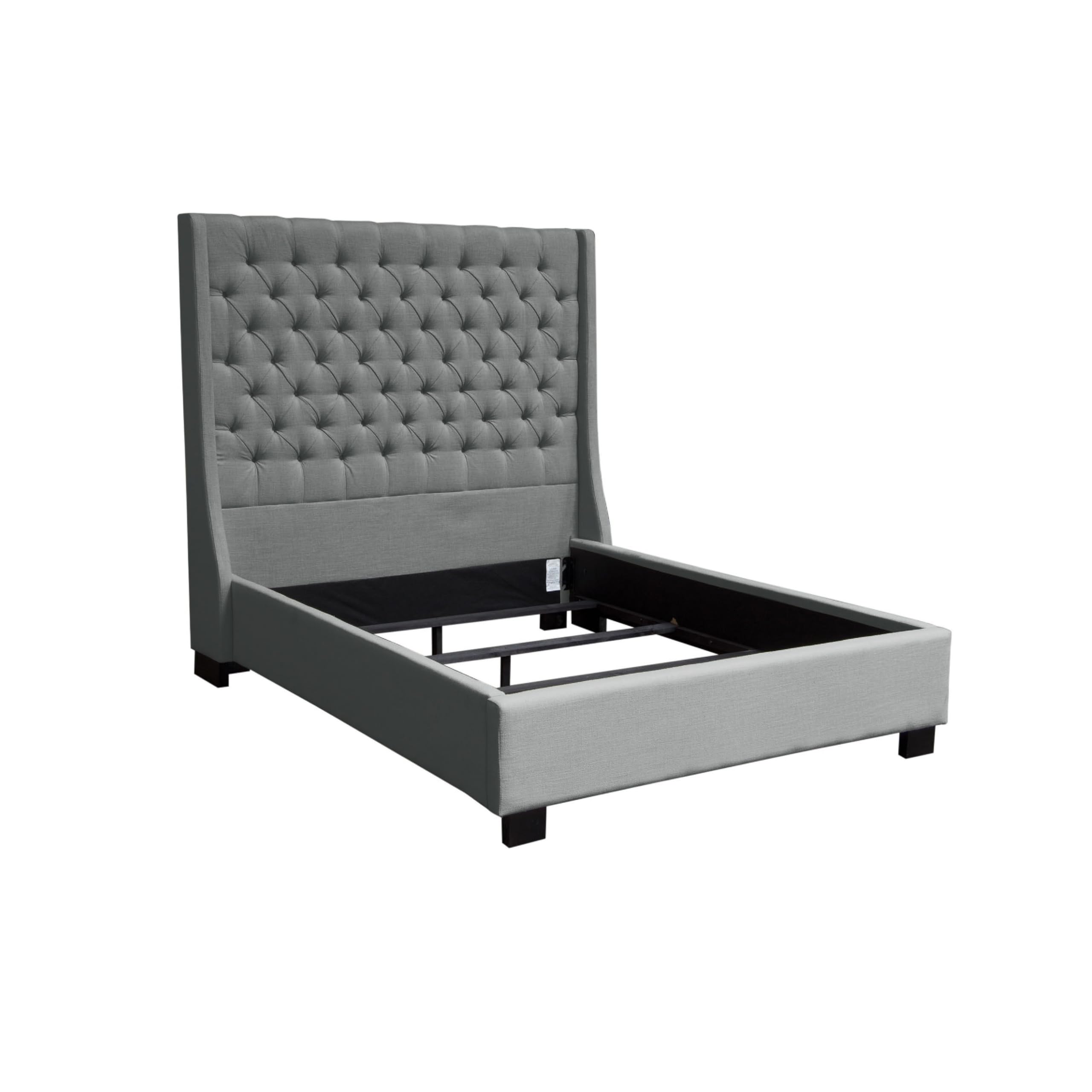 Zoa King Size Bed in Dark Gray Linen Upholstery, Wingback Headboard