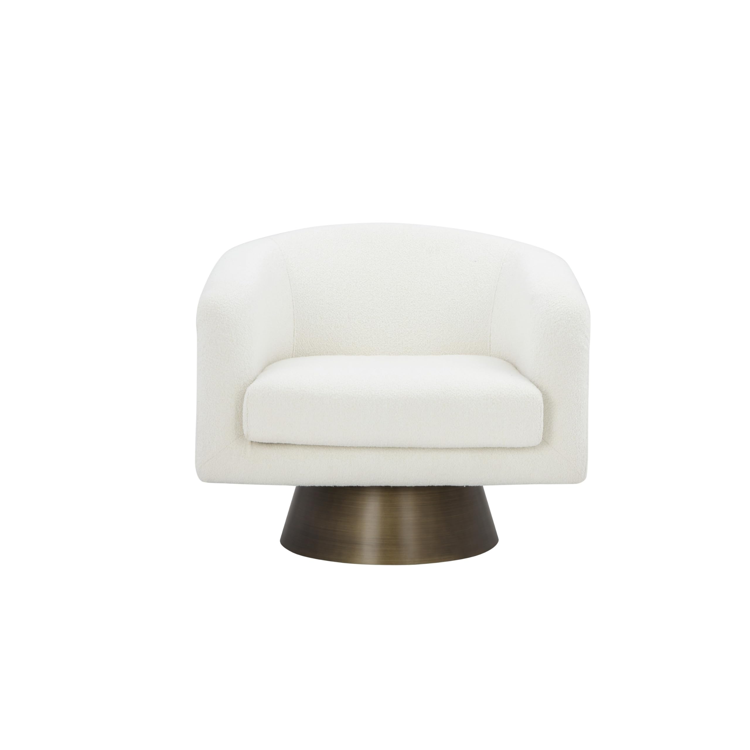 Tola 33 Inch Lounge Chair, Round Frame, White Boucle Fabric, Brass Base