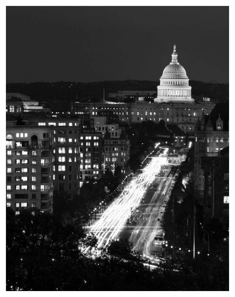 Dusk view of Pennsylvania Avenue, Americas Main Street in Washington, D.C. - Black and White Variant-Paper Art-38x50”