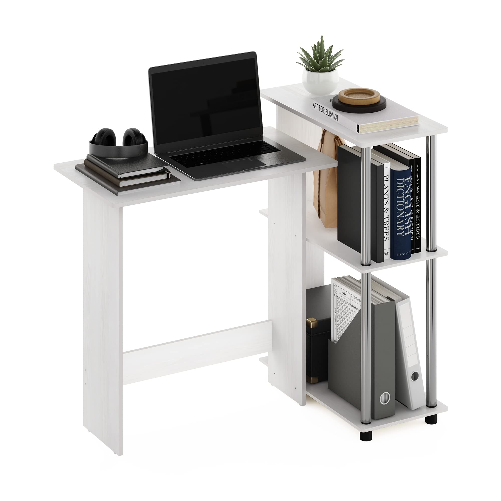 Furinno Abbott Corner Computer Desk with Bookshelf  White Oak/Stainless Steel