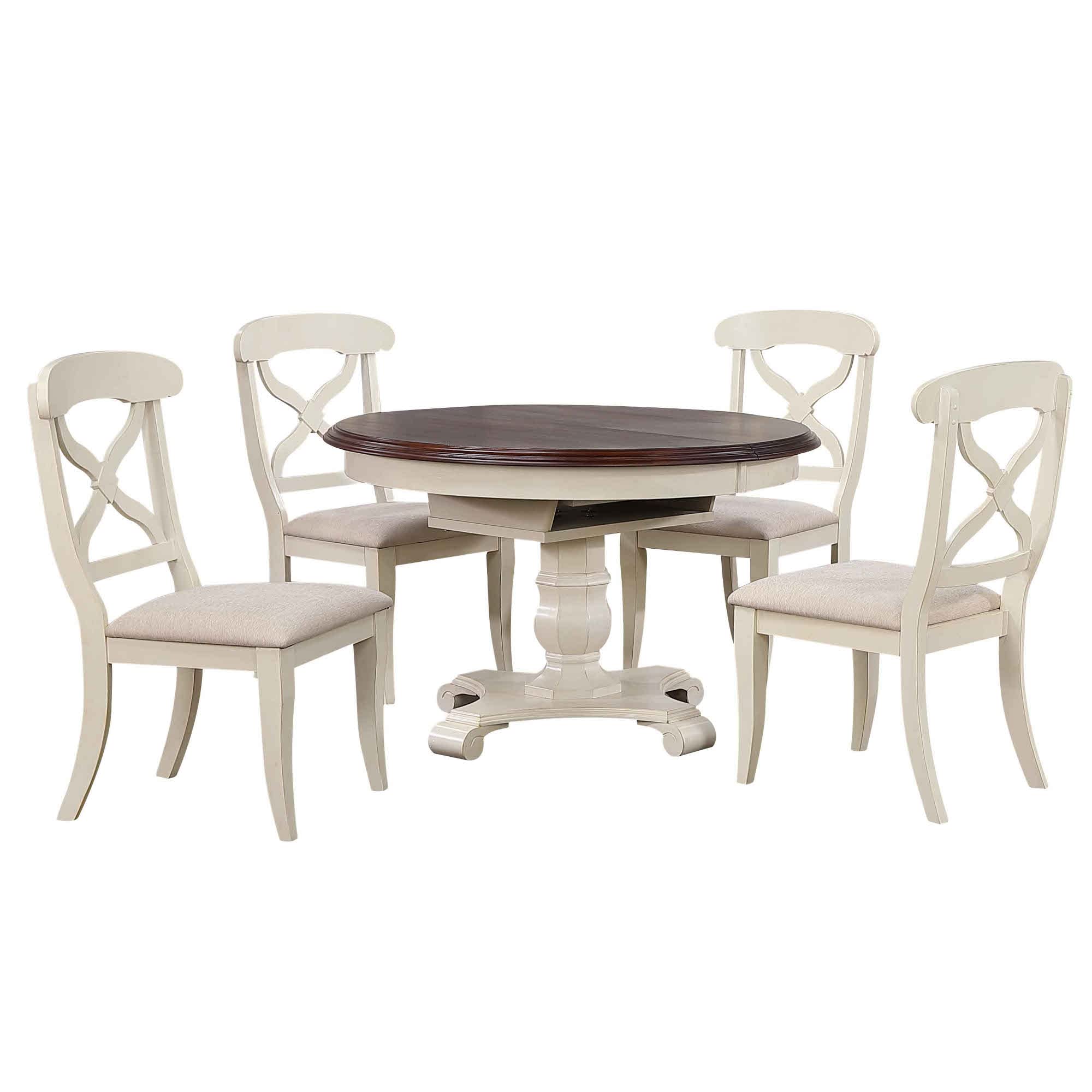 Sunset Trading Andrews 5 Piece 48 Round or 66" Oval Extendable Dining Set| Butterfly Leaf Table | Antique White and Chestnut Brown | Seats 6"