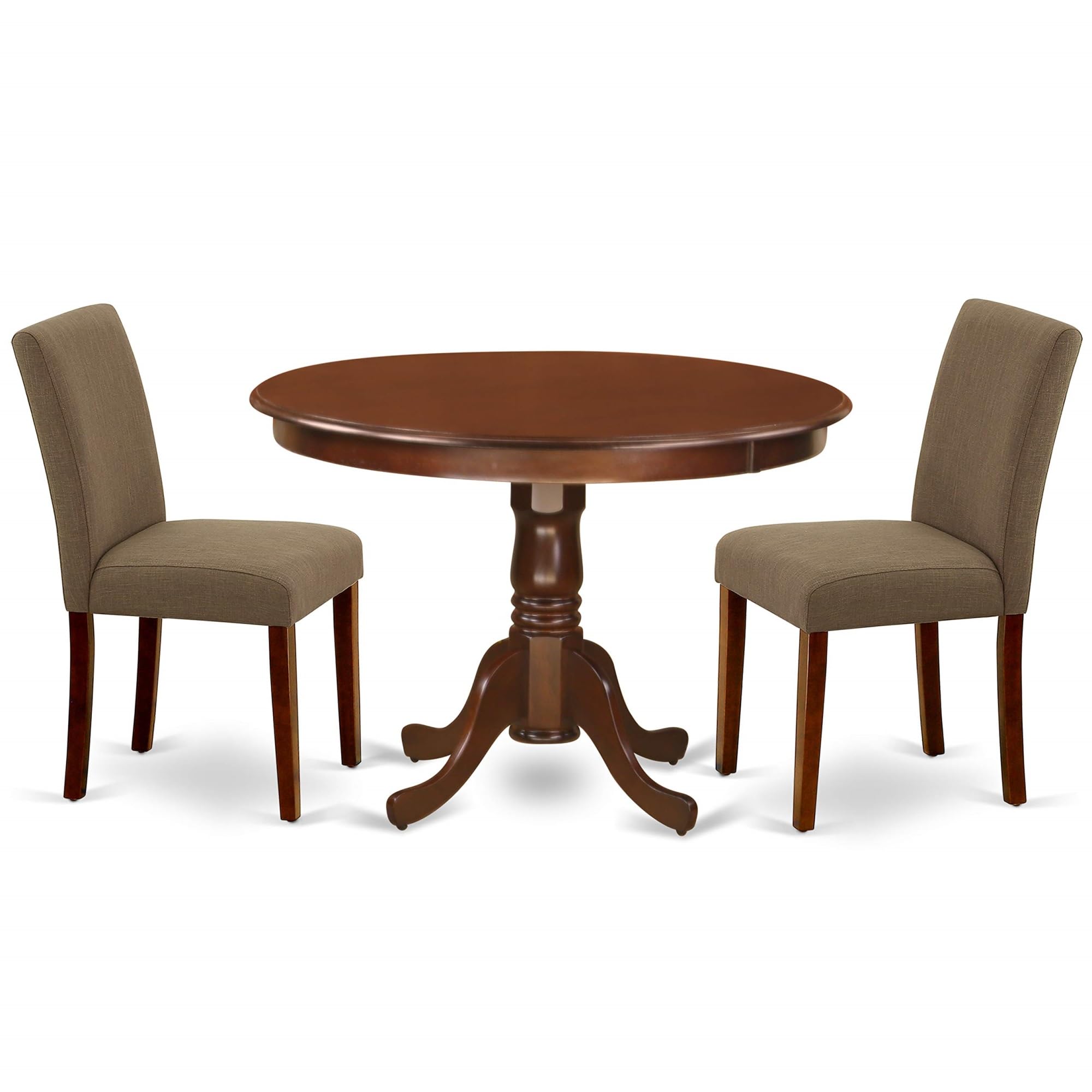 Casafoyer HLAB3-MAH-18 3 Piece Kitchen Table & Chairs Set Contains a Round Dining Table with Pedestal and 2 Coffee Linen Fabric Parson Dining Chairs, 42x42 Inch, Mahogany