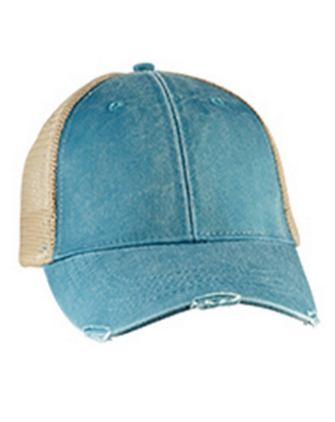 OL102 | OLLIE- Pigment dyed, garment washed, cotton, twill, six panel, structured, mid-crown trucker cap with nylon mesh back panels, distressed visor and snap back. - TEAL / TAN <br> NEW