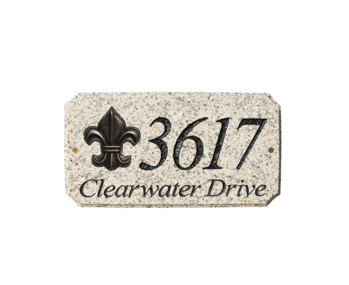 StoneMetal SCROLL LOGO" Rectangle Solid Granite Address Plaque in Autumn Leaf Color"