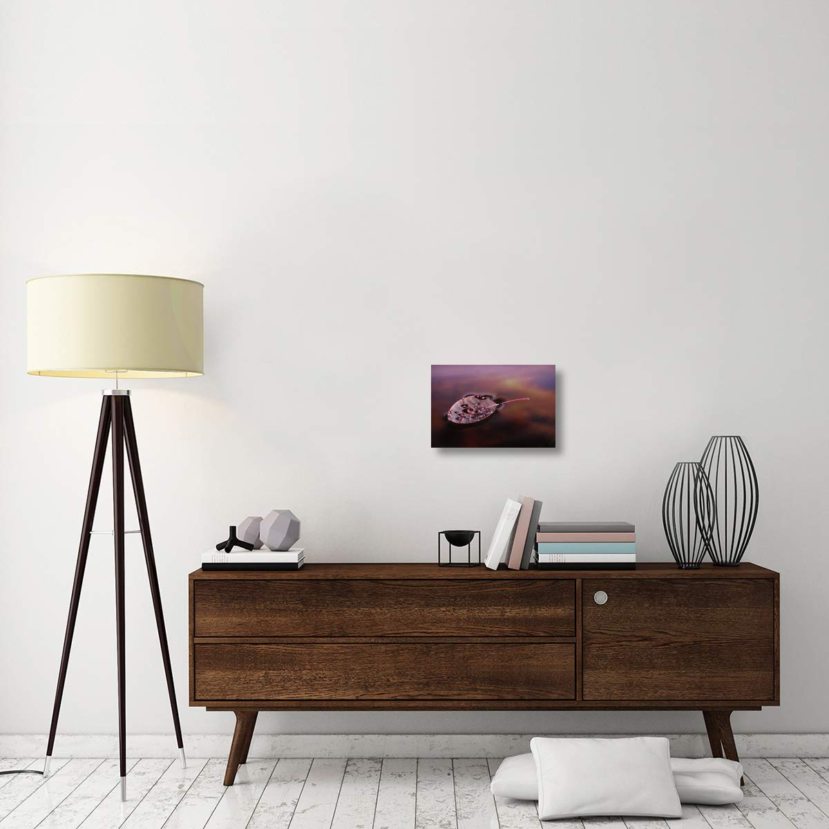European Smoketree leaf floating with sunset reflections, western Oregon-Canvas Art-18x12”