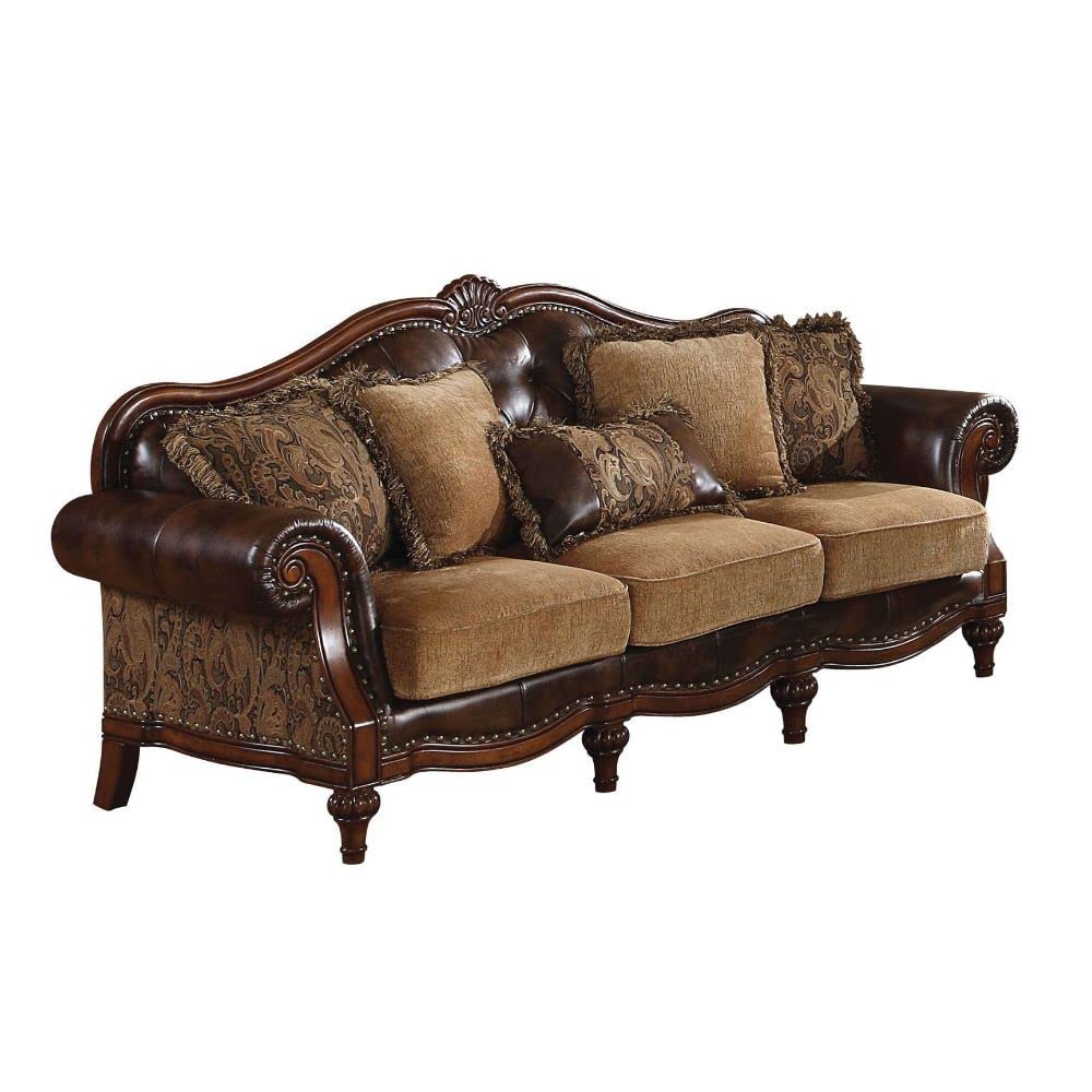 Acme Dreena Rolled Arm Upholstered Faux Leather Sofa With 5 Pillows In Brown