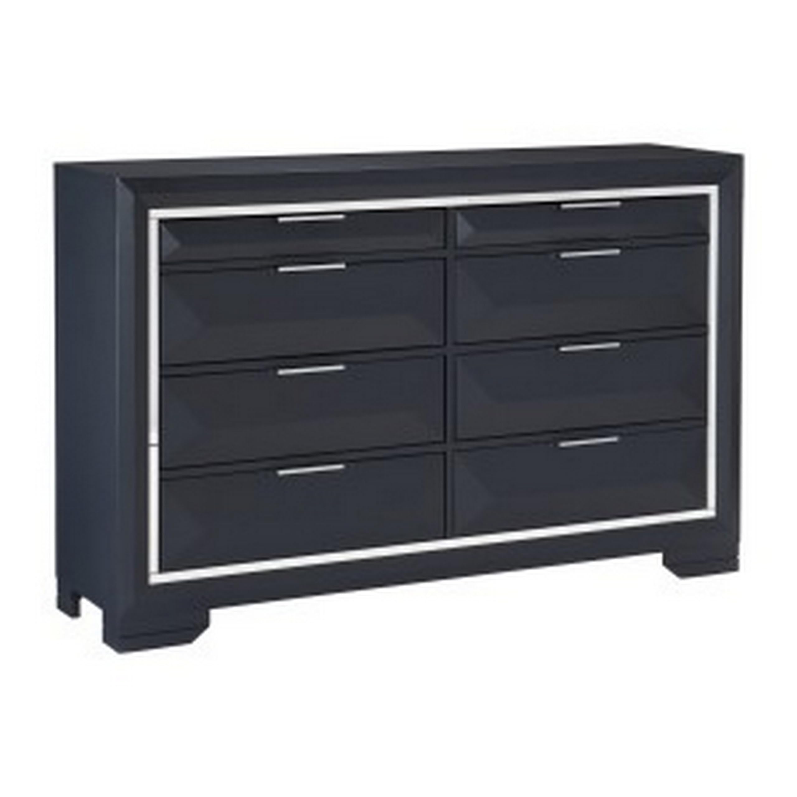 Rosy 60 Inch Dresser, 8 Drawers, Chrome Metal Accents, Midnight Blue Wood