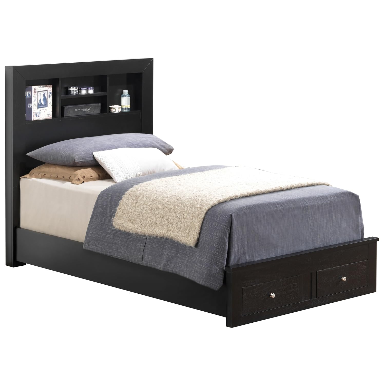 Burlington Black Twin Storage Platform Bed with Storage Drawers and Shelving Headboard