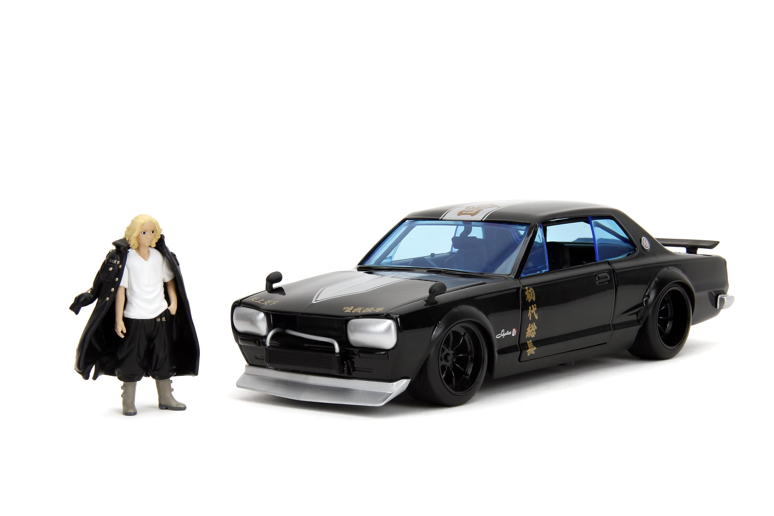 1971  Skyline GT-R RHD (Right Hand Drive) Black with Silver Stripe and Mikey Diecast Figure Tokyo Revengers (2021) TV Series “Anime Hollywood Rides” Series 1/24 Diecast Model Car by Jada