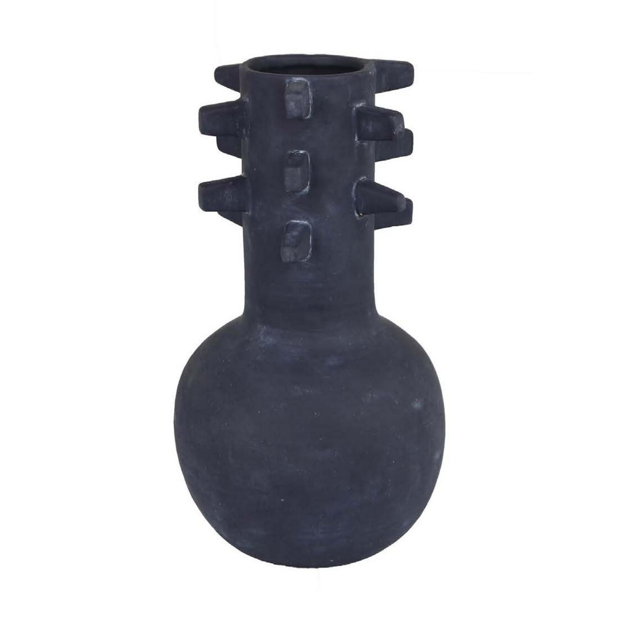 Enya Flower Vase, 3D Spike Accent Narrow Neck, Black Ceramic, 15 Inch
