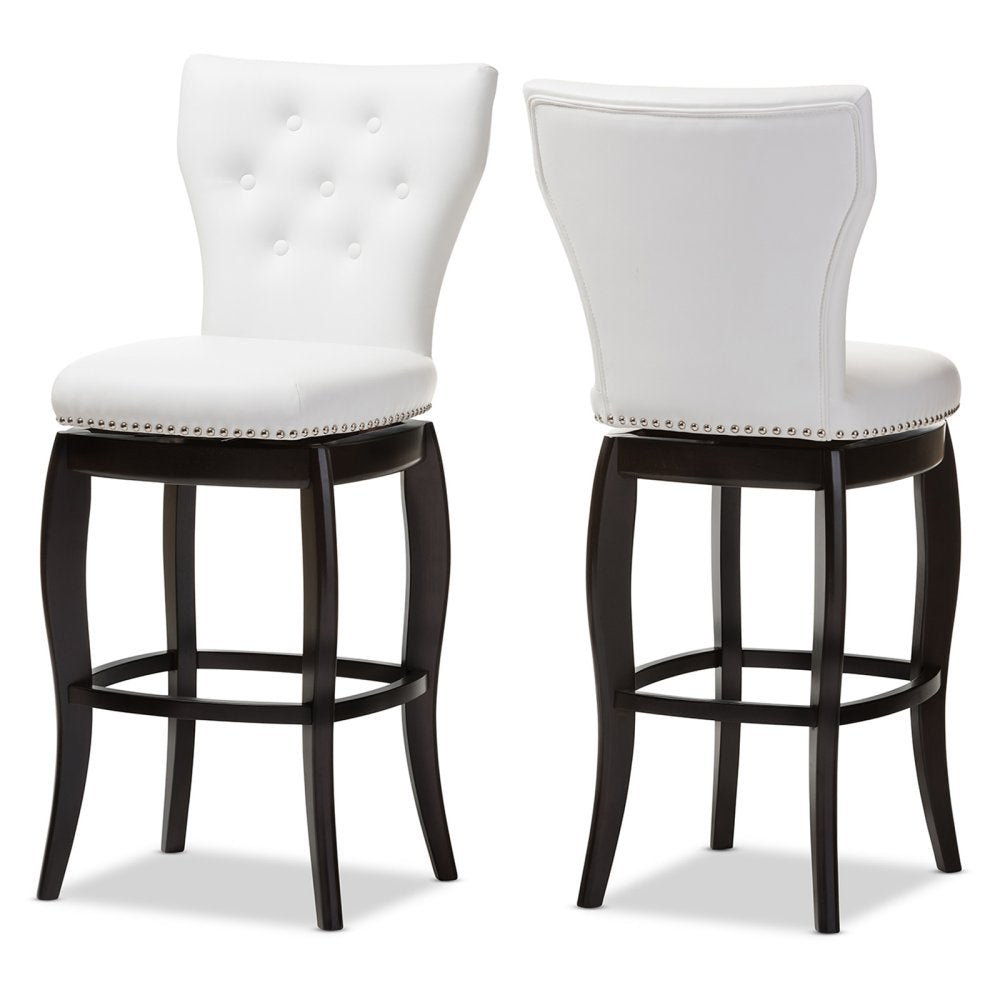 Baxton Studio Leonice Faux Leather Upholstered Button-Tufted Swivel Barstool, 29', White
