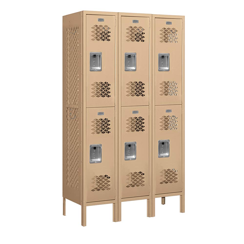 12 Wide Double Tier Vented Metal Locker - 3 Wide - 5 Feet High - 15 Inches Deep - Tan - Assembled