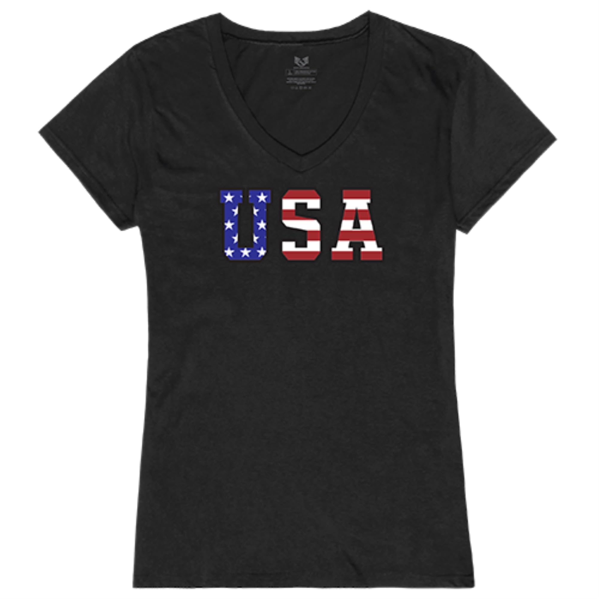 Graphic V-Neck, Flag Text, Black, M