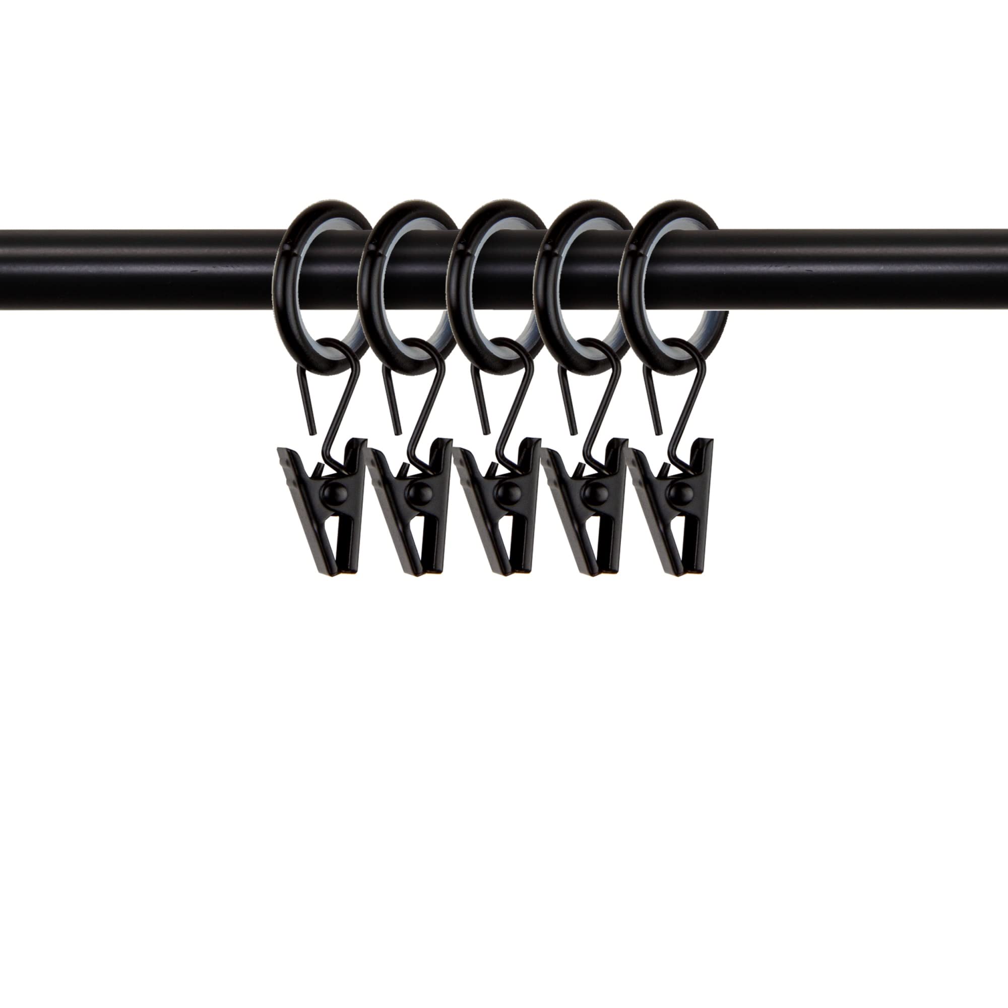 9/16 inch Noise-Canceling Curtain Rings w/clips (Set of 10) - Black