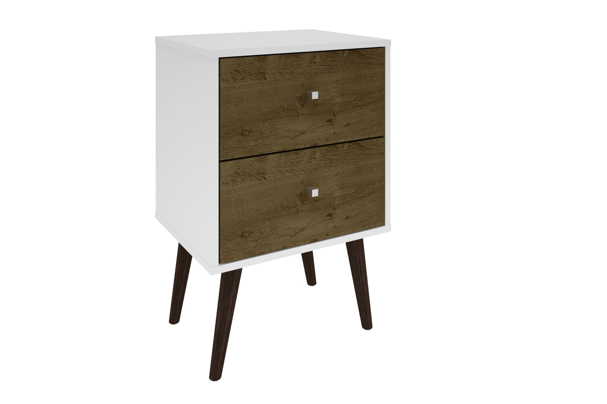 Liberty Mid Century - Modern Nightstand 2.0 with 2 Full Extension Drawers in White and Rustic Brown with Solid Wood Legs