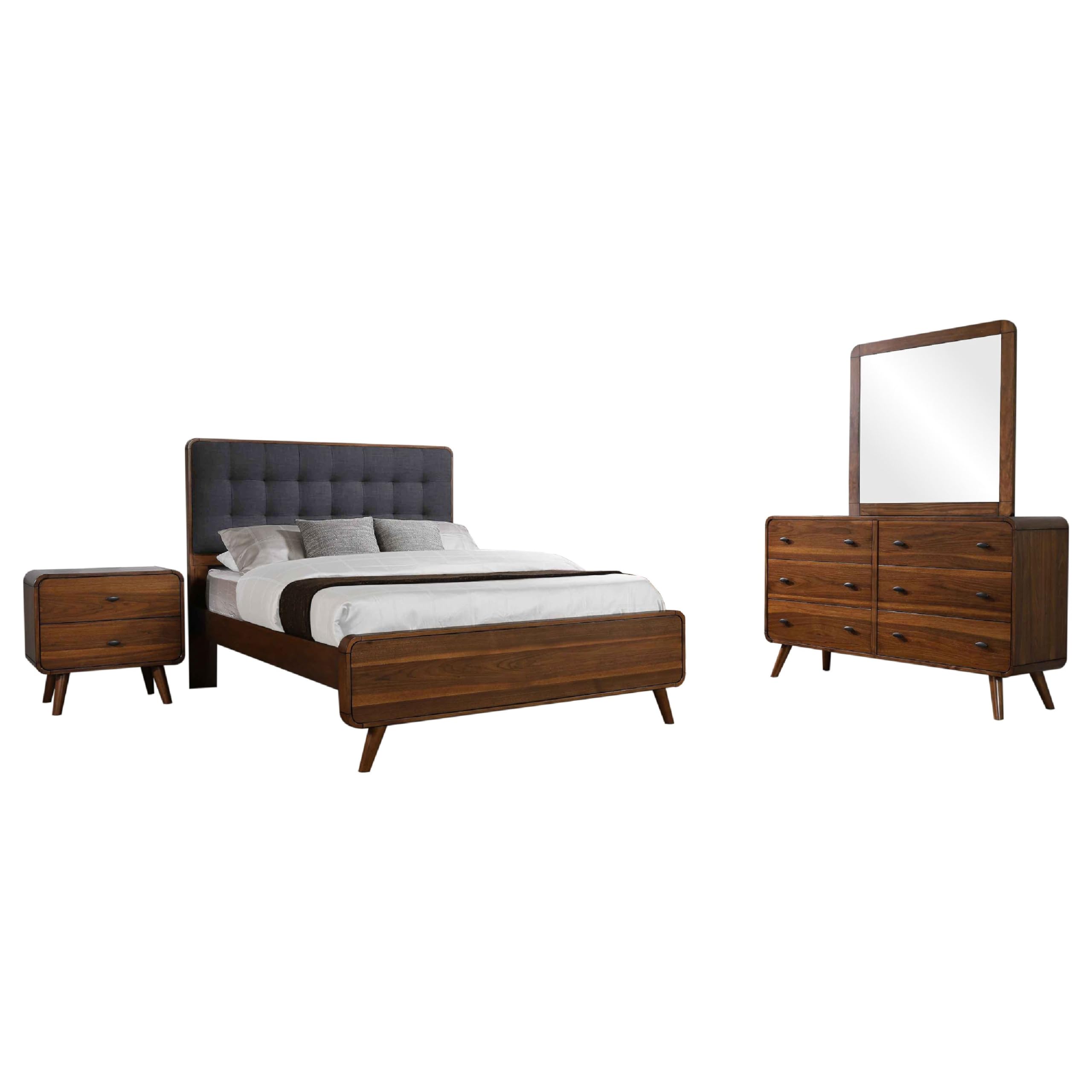Ryb 4pc Bedroom Set with Queen Bed, Walnut Brown, Dark Gray Upholstery