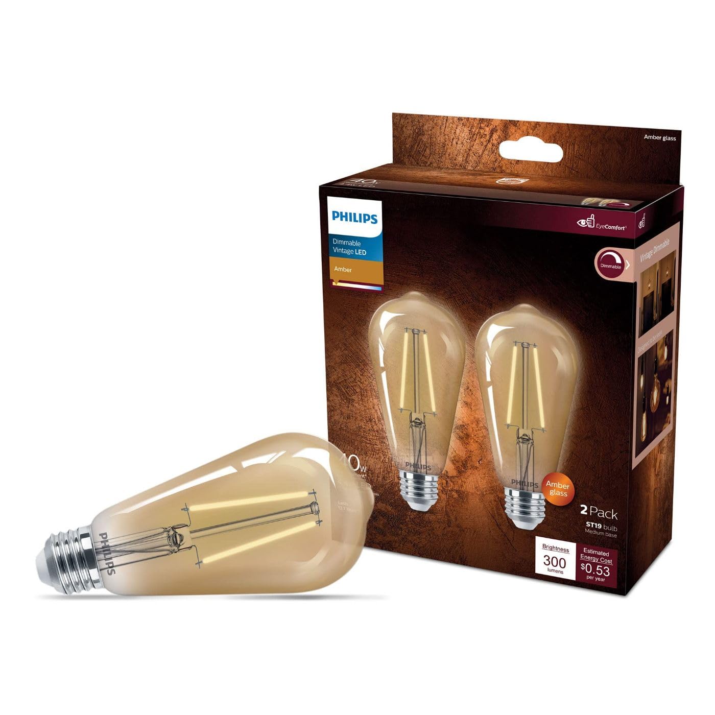 Philips Led Vintage Flicker-Free Amber Spiral St19, Dimmable, Eyecomfort Technology, 400 Lumen, Amber Light(2000K), 6.5W=60W, Ti