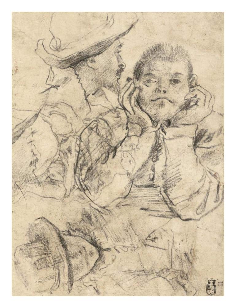 Four Studies of Heads Drawn over a Copy of Saint John the Evangelist by Correggio (recto); Three Studies of Men (verso)-Paper Art-20x26”