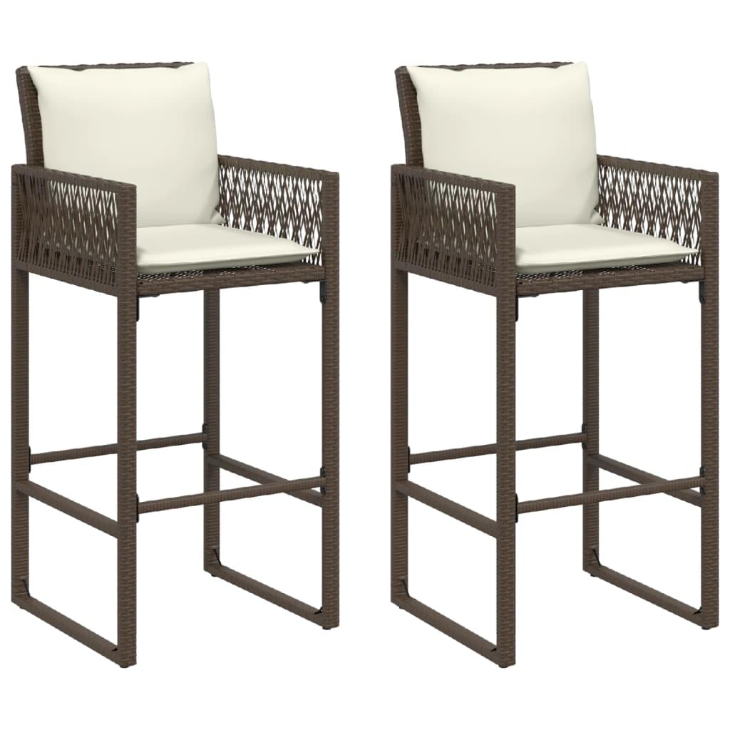 Vidaxl Brown Patio Bar Stools With Cushions - 2 Pcs, Pe Rattan, Powder-Coated Steel, 31.5' Seat Height, Removable Covers
