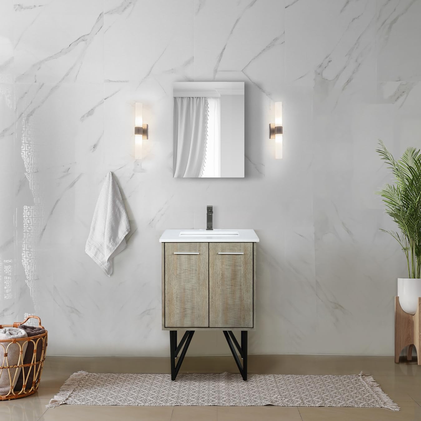 Rustic Acacia Bath Vanity 24 in. W x 20 in. D, Cultured Marble Top, Gun Metal Faucet Set and 18 in. Mirror