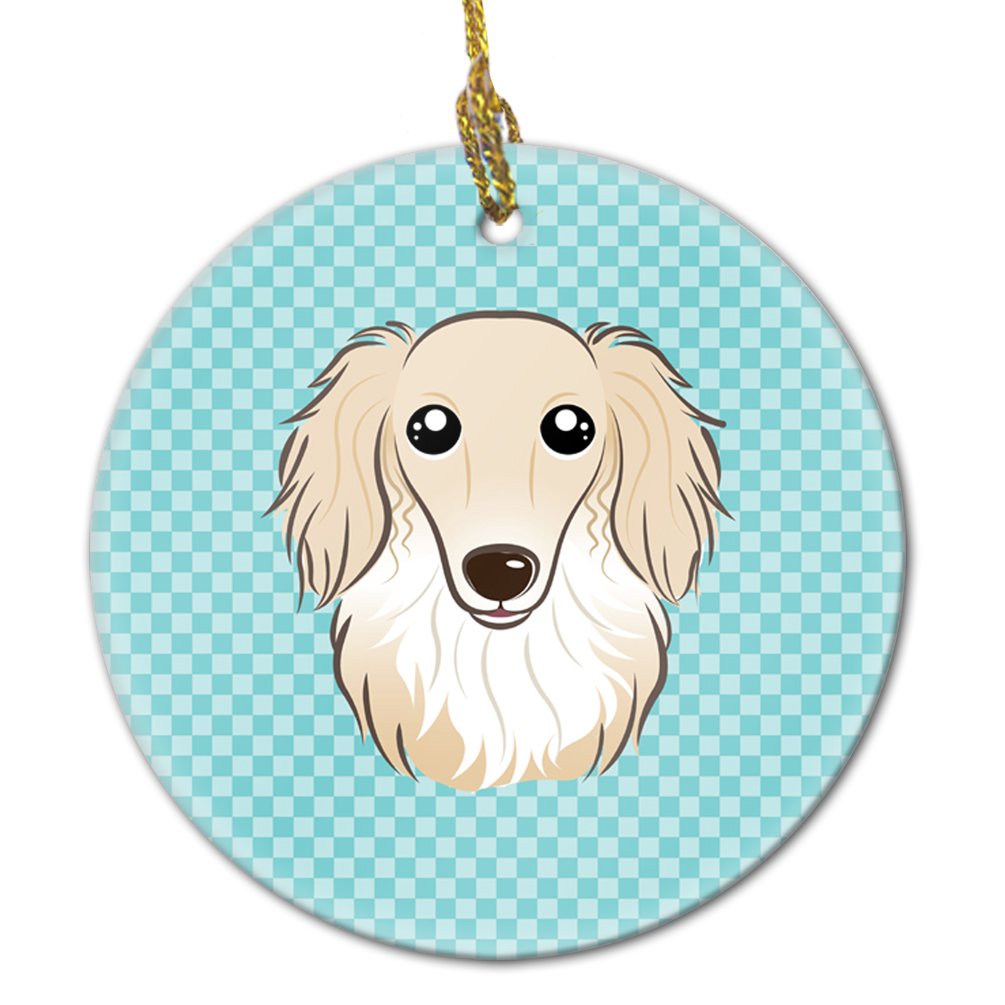Checkerboard Blue Longhair Creme Dachshund Ceramic Ornament BB1150CO1