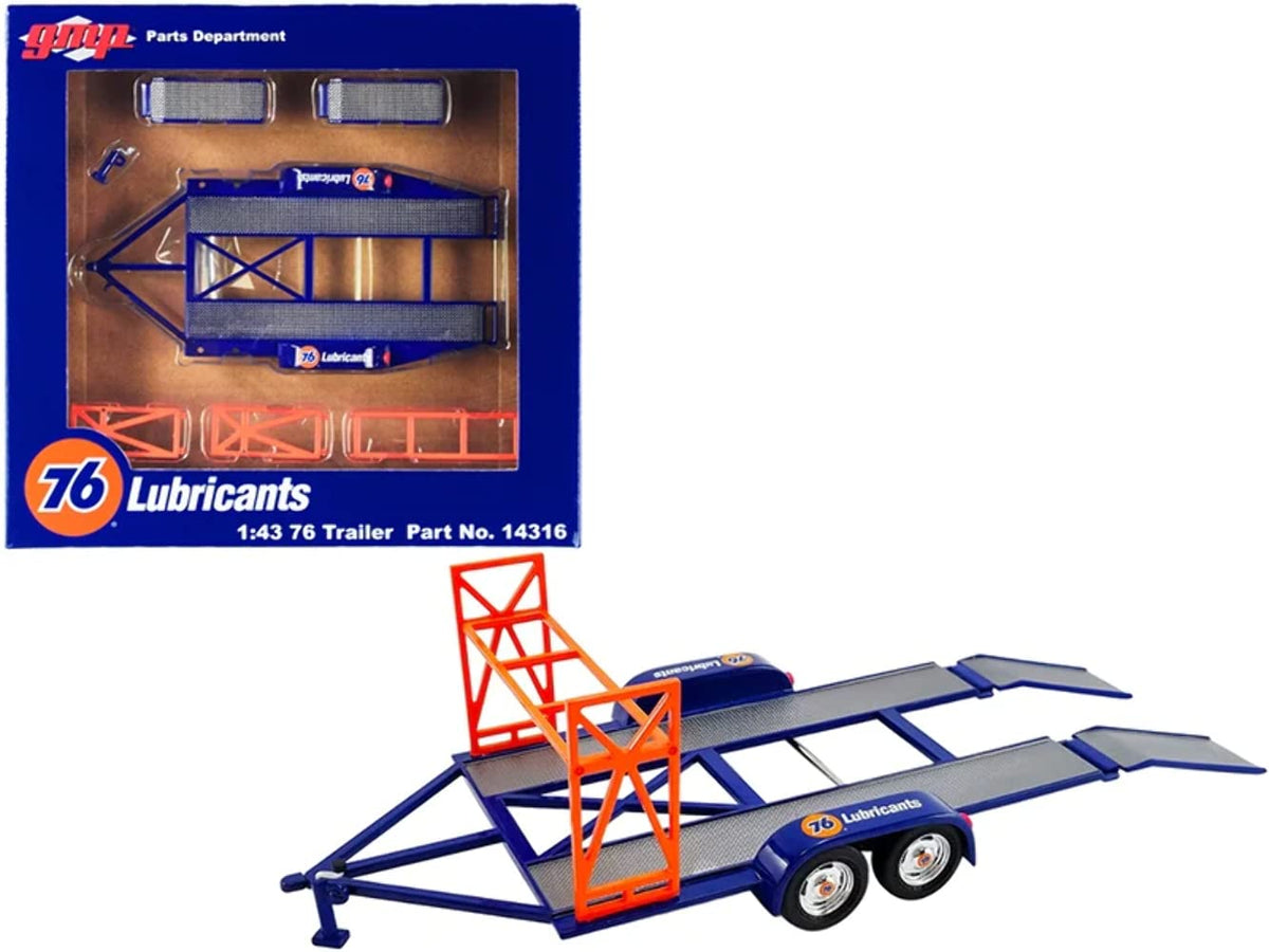 Tandem Car Trailer With Tire Rack Blue Union 76 For 1/43 Scale Model Cars By Gmp 14316