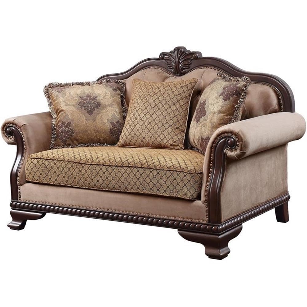 Loveseat w/3 Pillows, Fabric & Espresso Finish