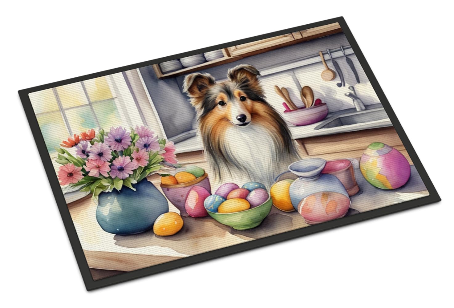 Carolines Treasures DAC6899MAT Decorating Easter Sheltie Doormat Front Door Mat Indoor Outdoor Rugs for Entryway, Non Slip Washable Low Pile, 18H X 27W