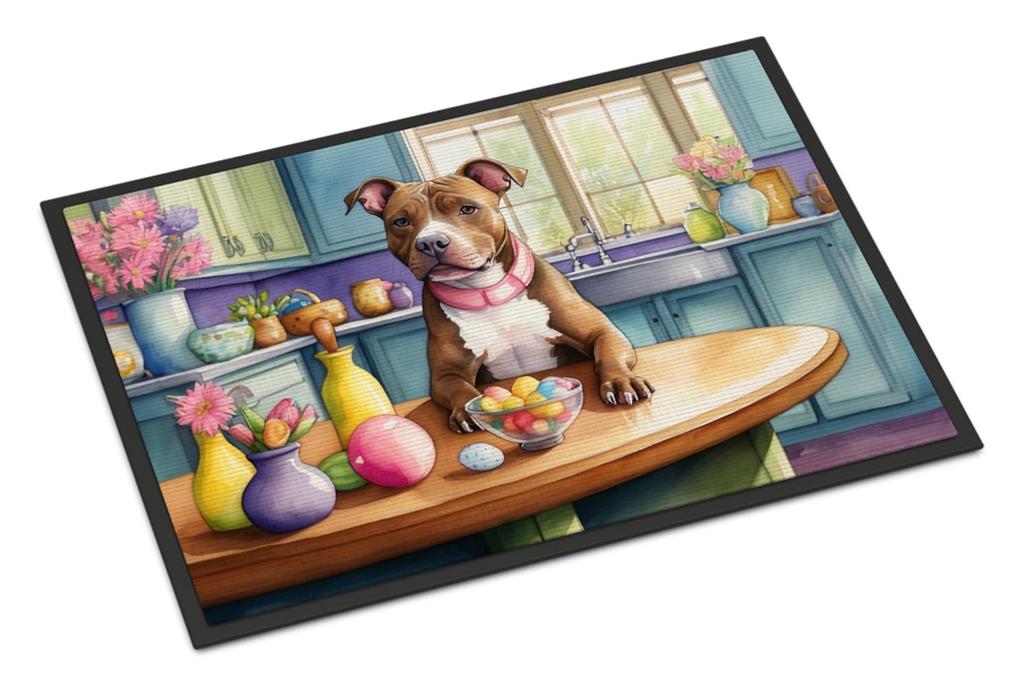 Carolines Treasures DAC6868MAT Decorating Easter Pit Bull Terrier Doormat Front Door Mat Indoor Outdoor Rugs for Entryway, Non Slip Washable Low Pile, 18H X 27W