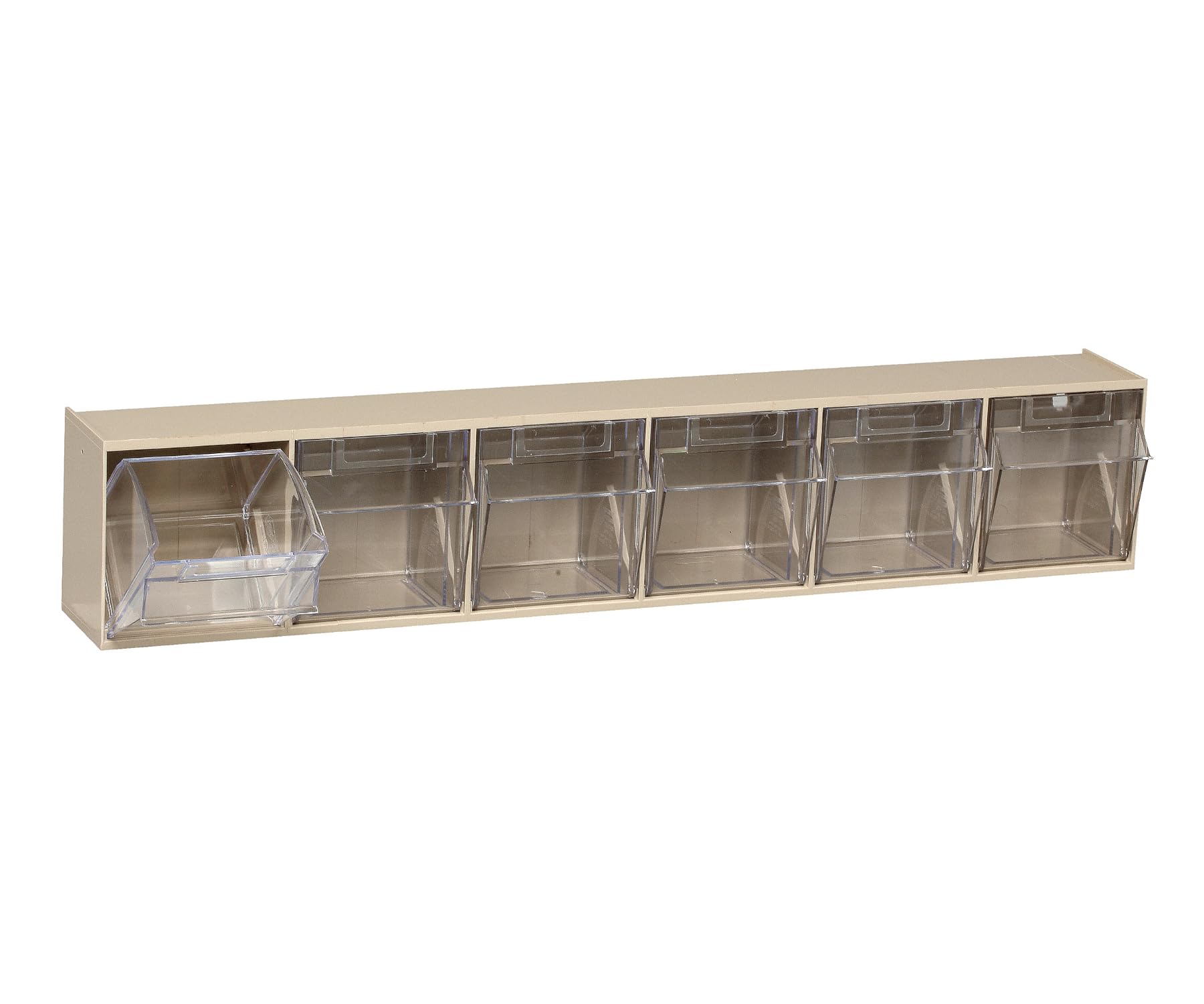 Tip Out Bin, (6) compartment, handle with label slot, opens to a 45 angle, plastic clear container, polystyrene ivory cabinet, Made in USA