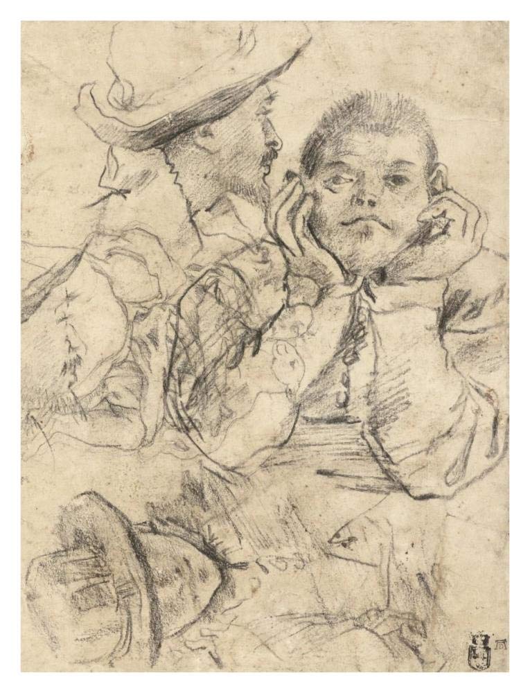 Four Studies of Heads Drawn over a Copy of Saint John the Evangelist by Correggio (recto); Three Studies of Men (verso)-Paper Art-26x34”