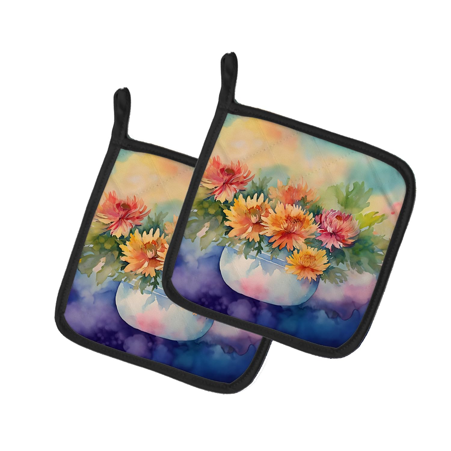 Chrysanthemums in Watercolor Pair of Pot Holders