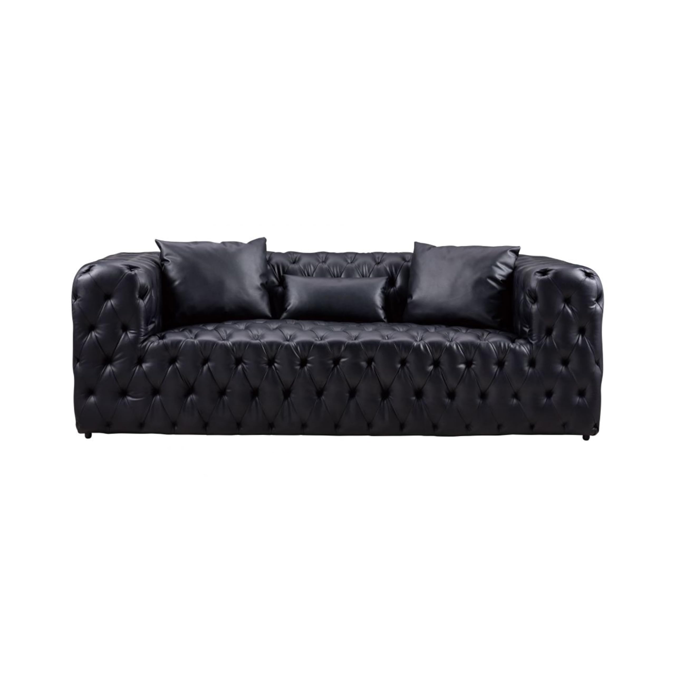 Sam Sofa, Black Tufted Faux Leather, Throw Pillows, Chesterfield, 84 Inch