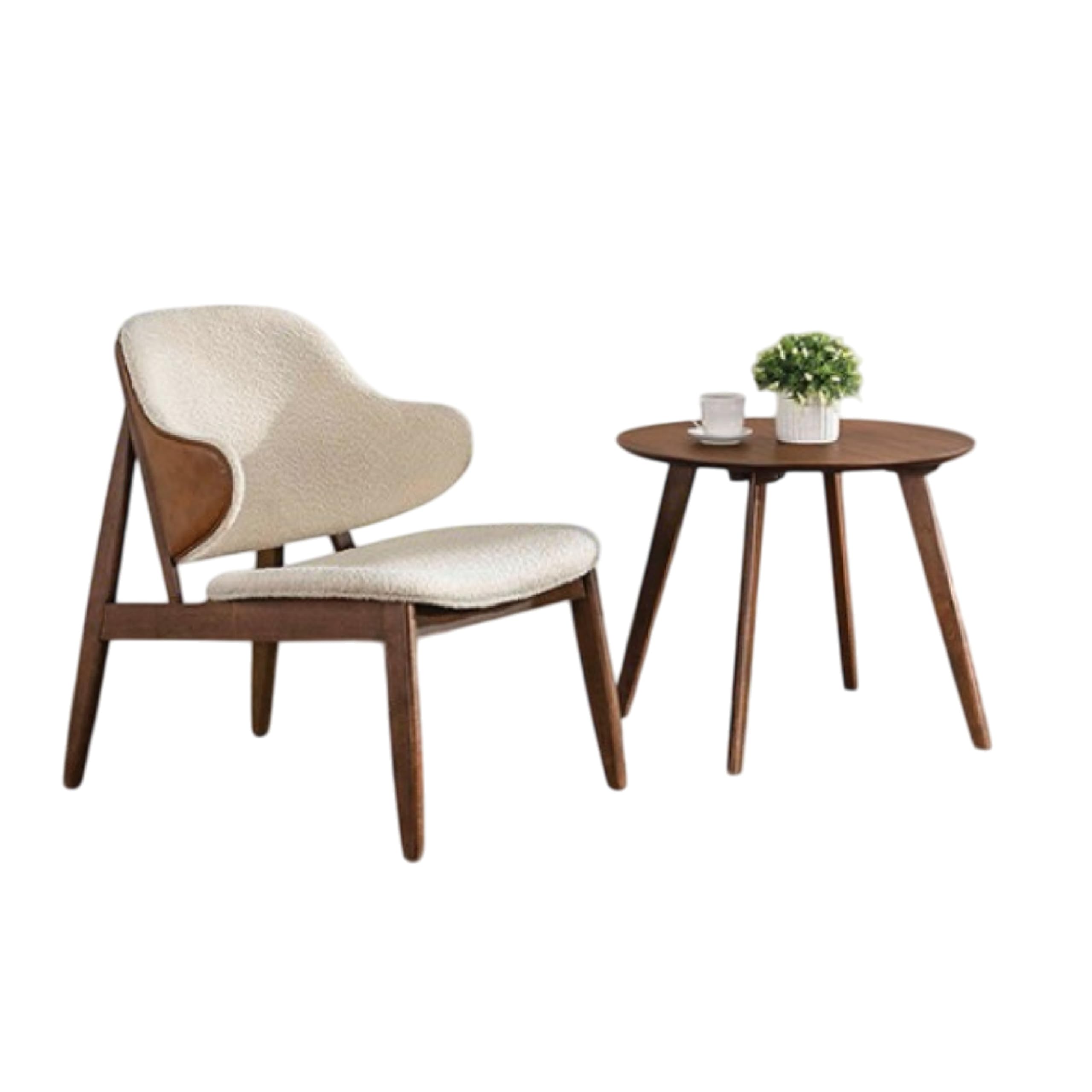 Ary 2pc Accent Table and Wingback Chair Set, Beige Boucle, Walnut Brown