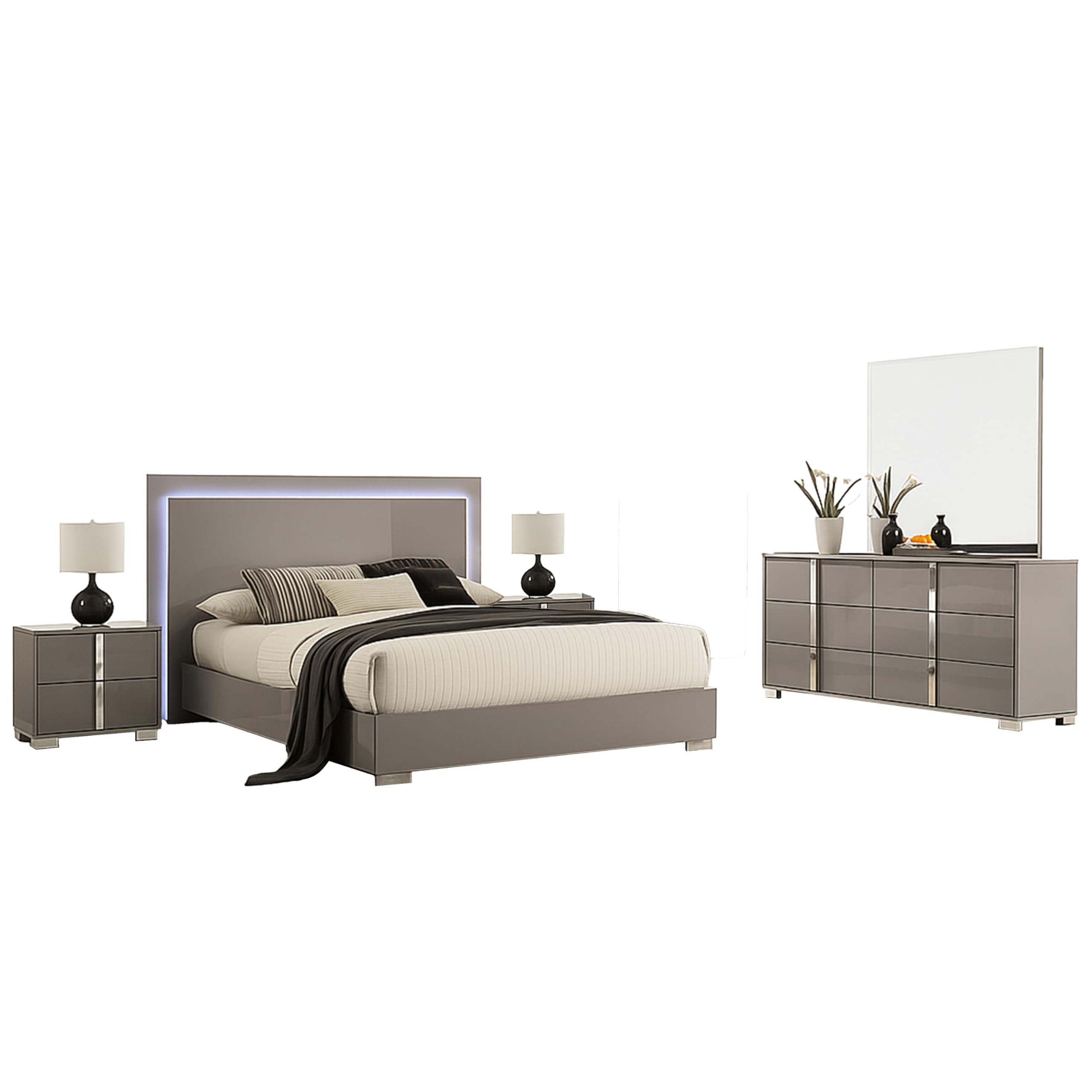 Suni 5pc Queen Bedroom Set w LED Headboard, Light Taupe Gray, 2 Nightstand