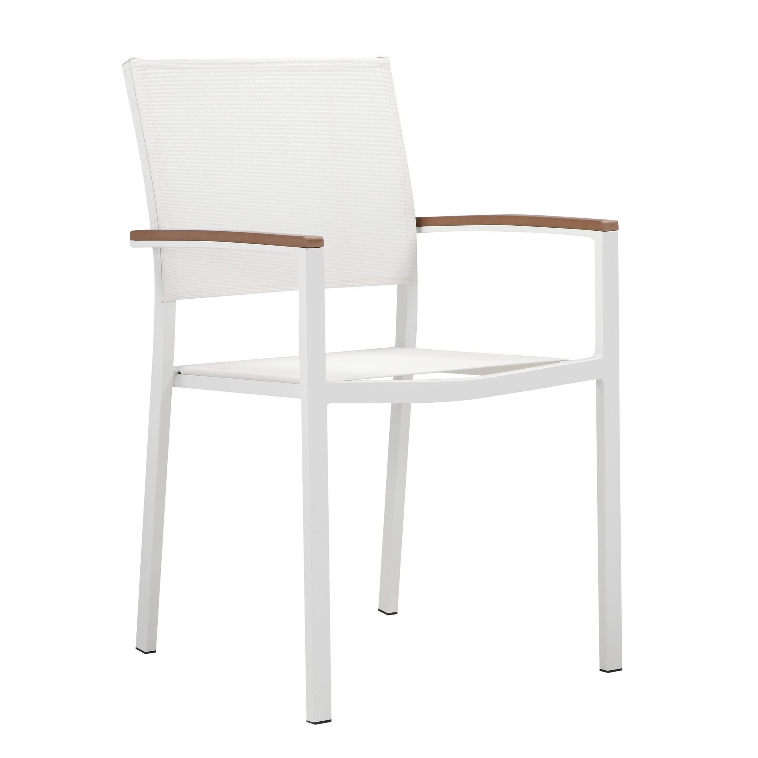 Fifi 21 Inch Set of 6 Dining Chairs, Brown Armrests, White Textilene Fabric