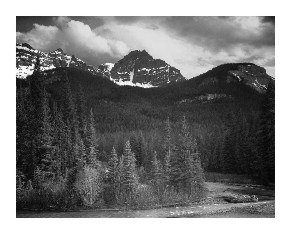 View of streamside trees and snow on mountains - Northeast Portion, Yellowstone National Park, Wyoming, ca. 1941-1942-Paper Art-18x14”