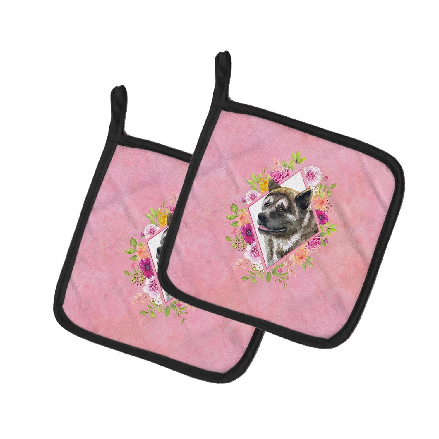Akita Pink Flowers Pair of Pot Holders