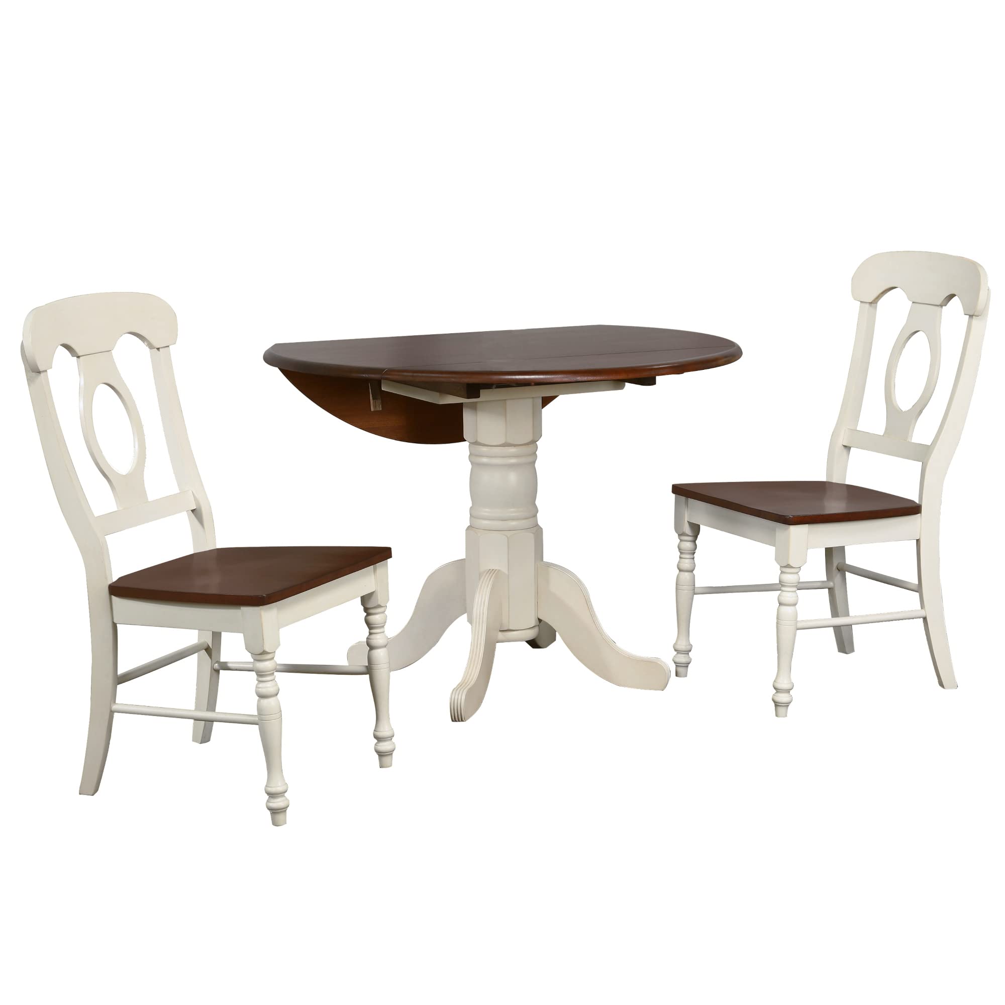 Sunset Trading Andrews 3 Piece 42 Round Drop Leaf Dining Set | Antique White and Chestnut Brown | Napoleon Chairs | Seats 6"
