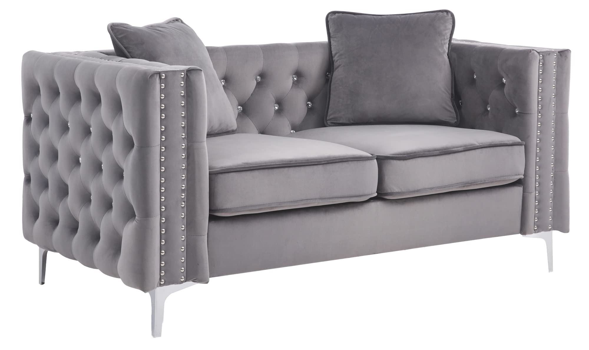 Paige 63 in. Gray Velvet 2-Seater Sofa with 2-Throw Pillow