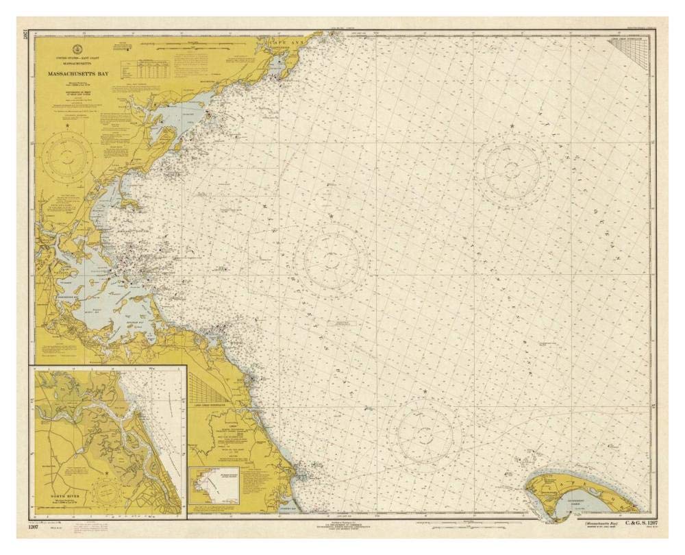 Nautical Chart - Massachusetts Bay ca. 1970 - Sepia Tinted-Paper Art-42x34”