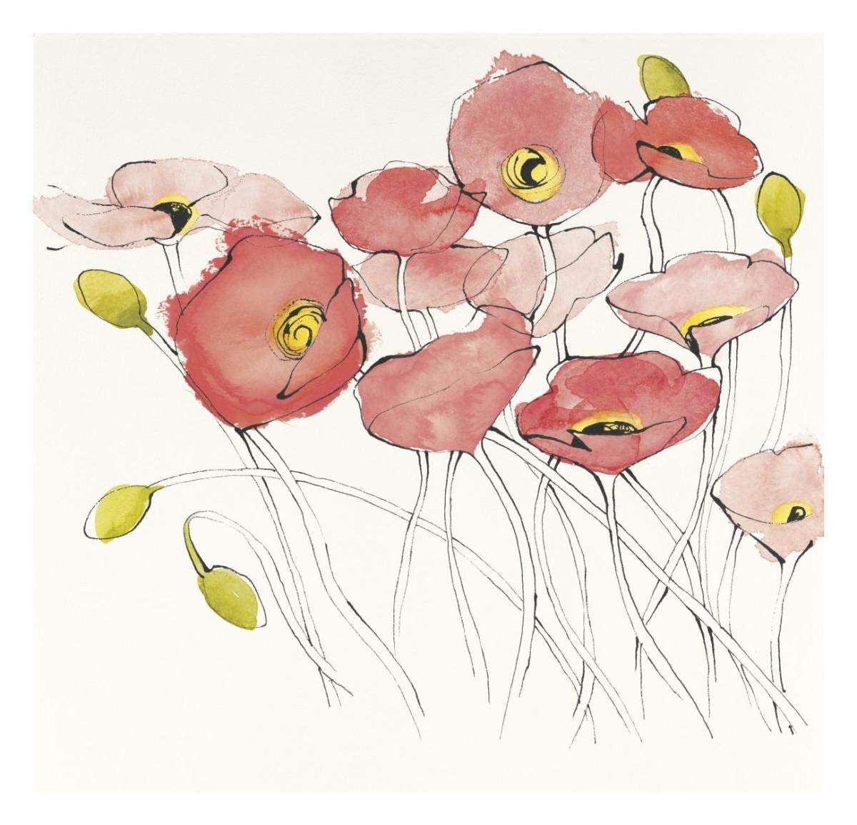 Black Line Poppies I Watercolor -Paper Art-26x26”