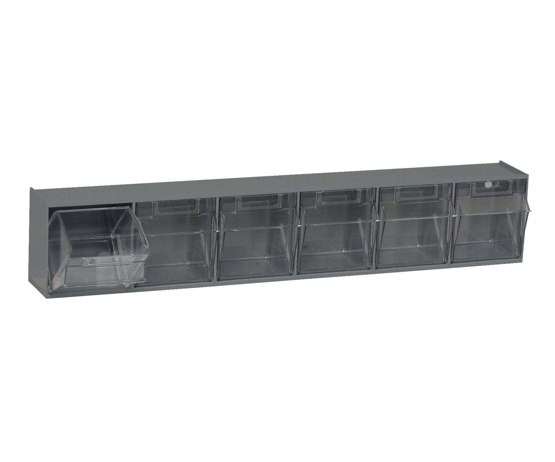 Tip Out Bin, (6) compartment, handle with label slot, opens to a 45 angle, plastic clear container, polystyrene gray cabinet, Made in USA