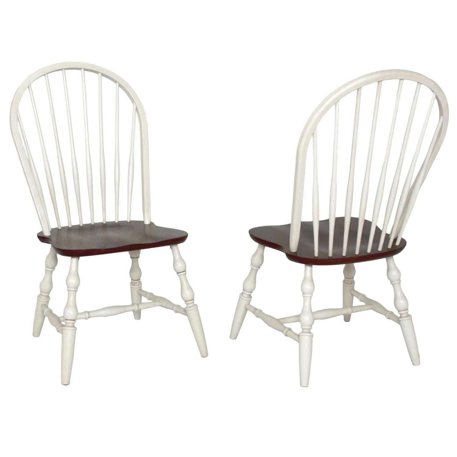 Sunset Trading Andrews Windsor Spindleback Dining Chair | Antique White with Chestnut Brown Seat | Set of 2