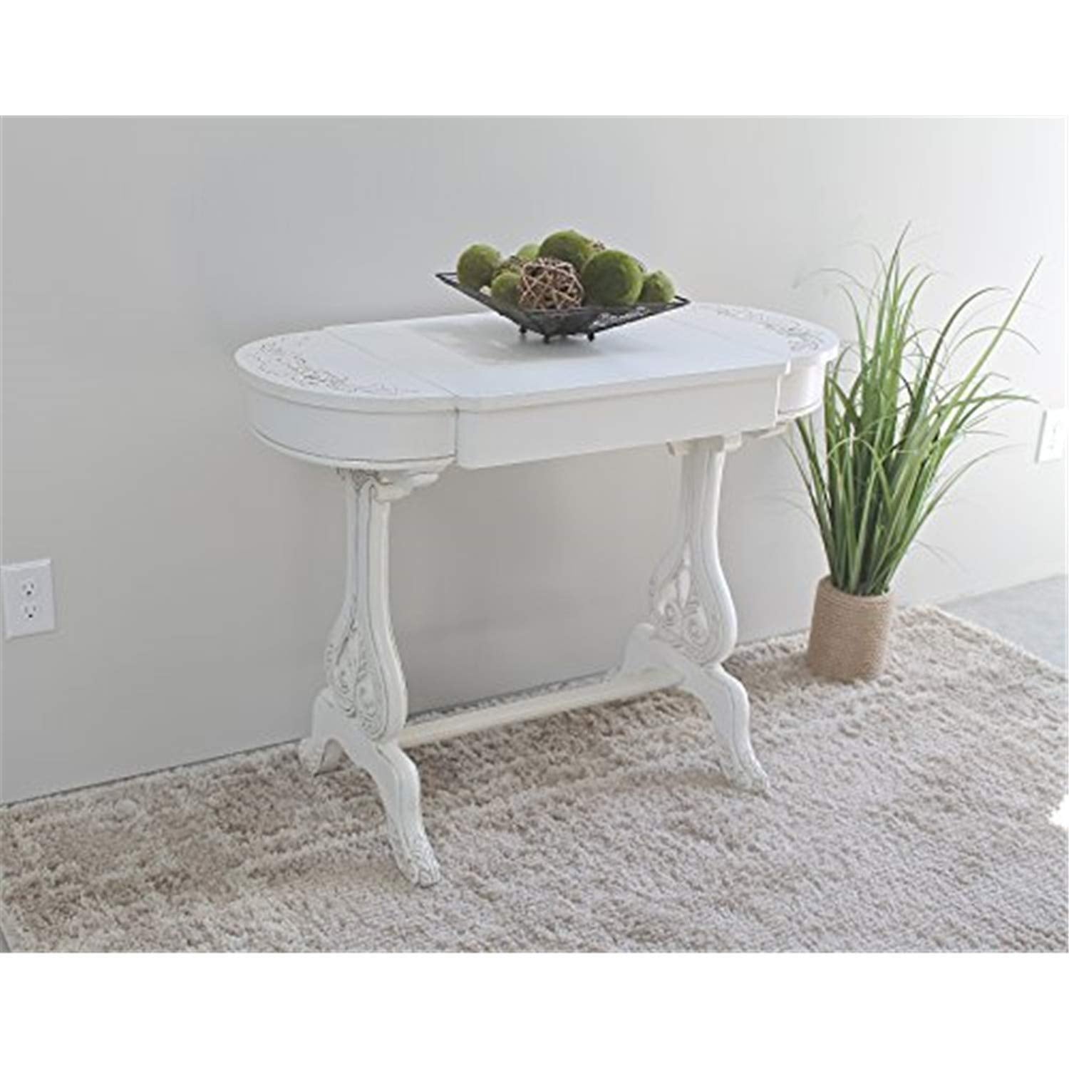 Windsor Carved Wood Writing Table with Flip-up Drawers - Antique White
