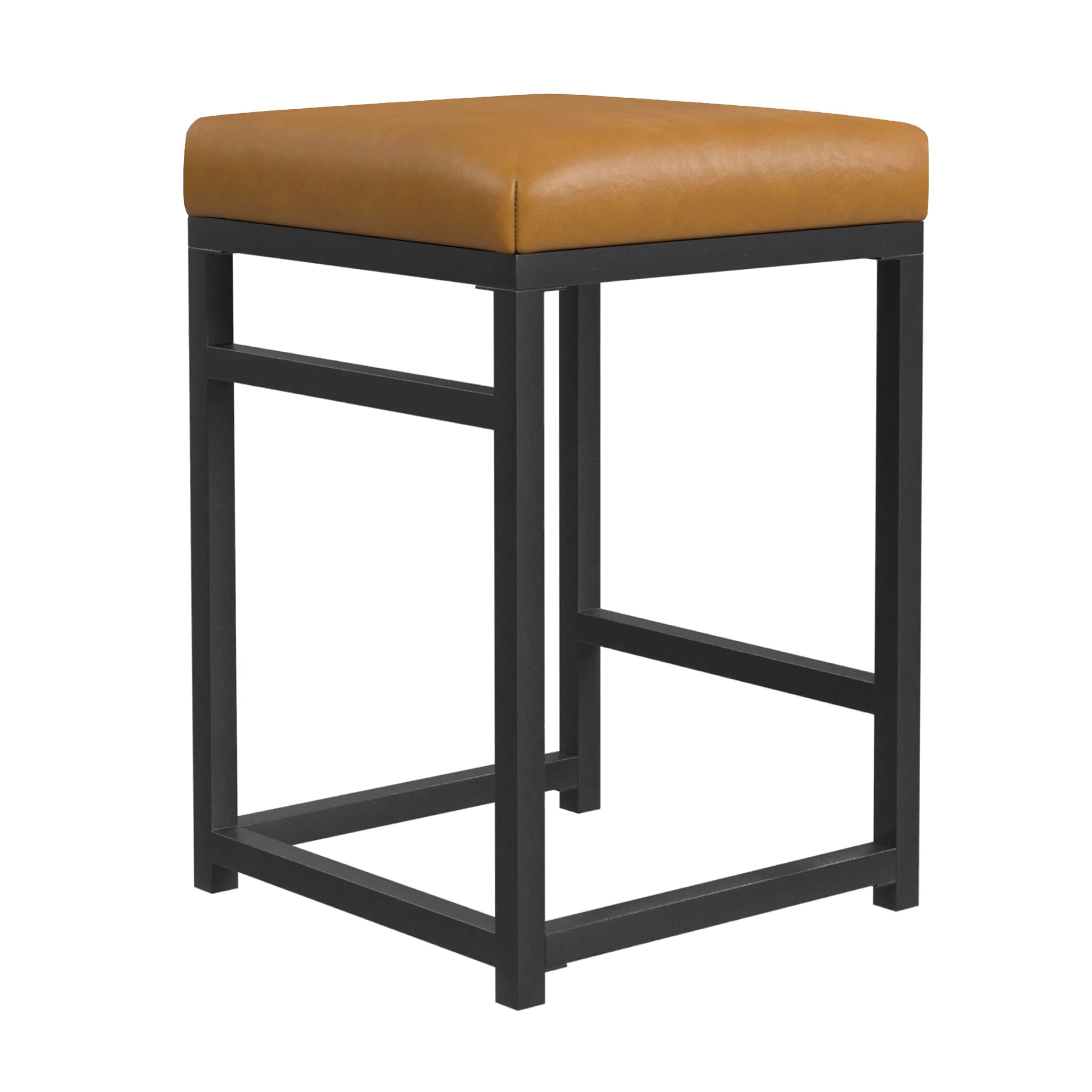 Toko Backless Counter Stool, Brown Faux Leather, Industrial Black