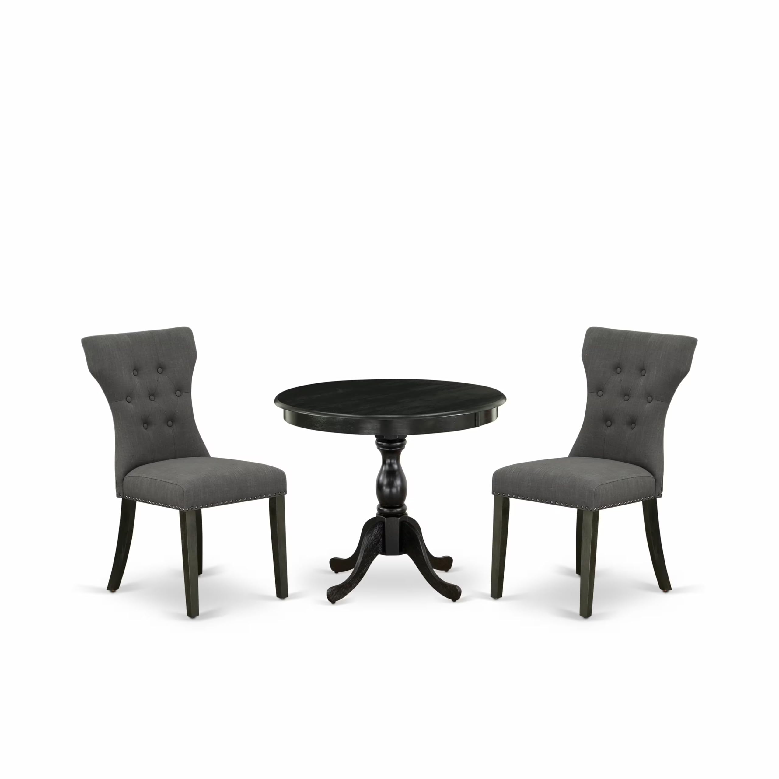 East West Furniture 3 Piece Dining Set Contains 1 Dining Table and 2 Dark Gotham Grey Linen Fabric Dining Chairs Button Tufted Back with Nail Heads - Wire Brushed Black Finish