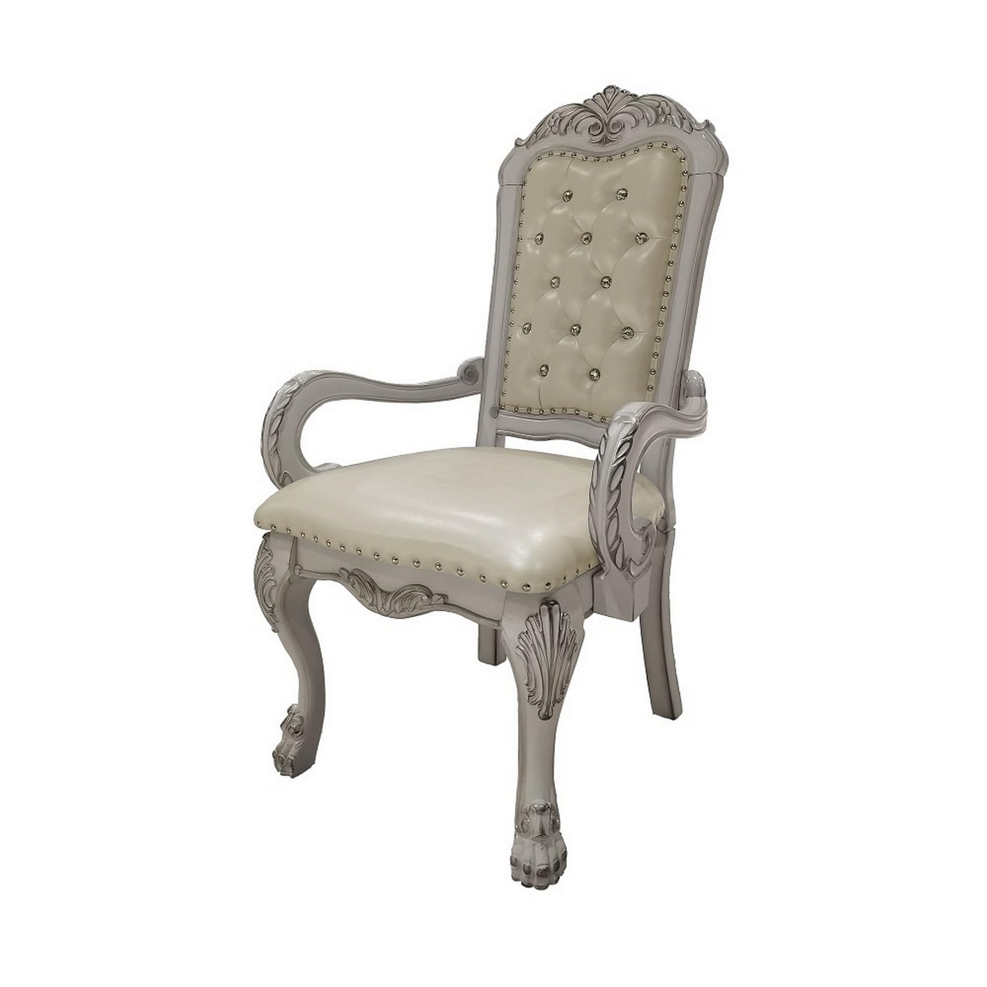 Aurora 26 Inch Tufted Dining Armchair, Set of 2, Faux Leather, Bone White