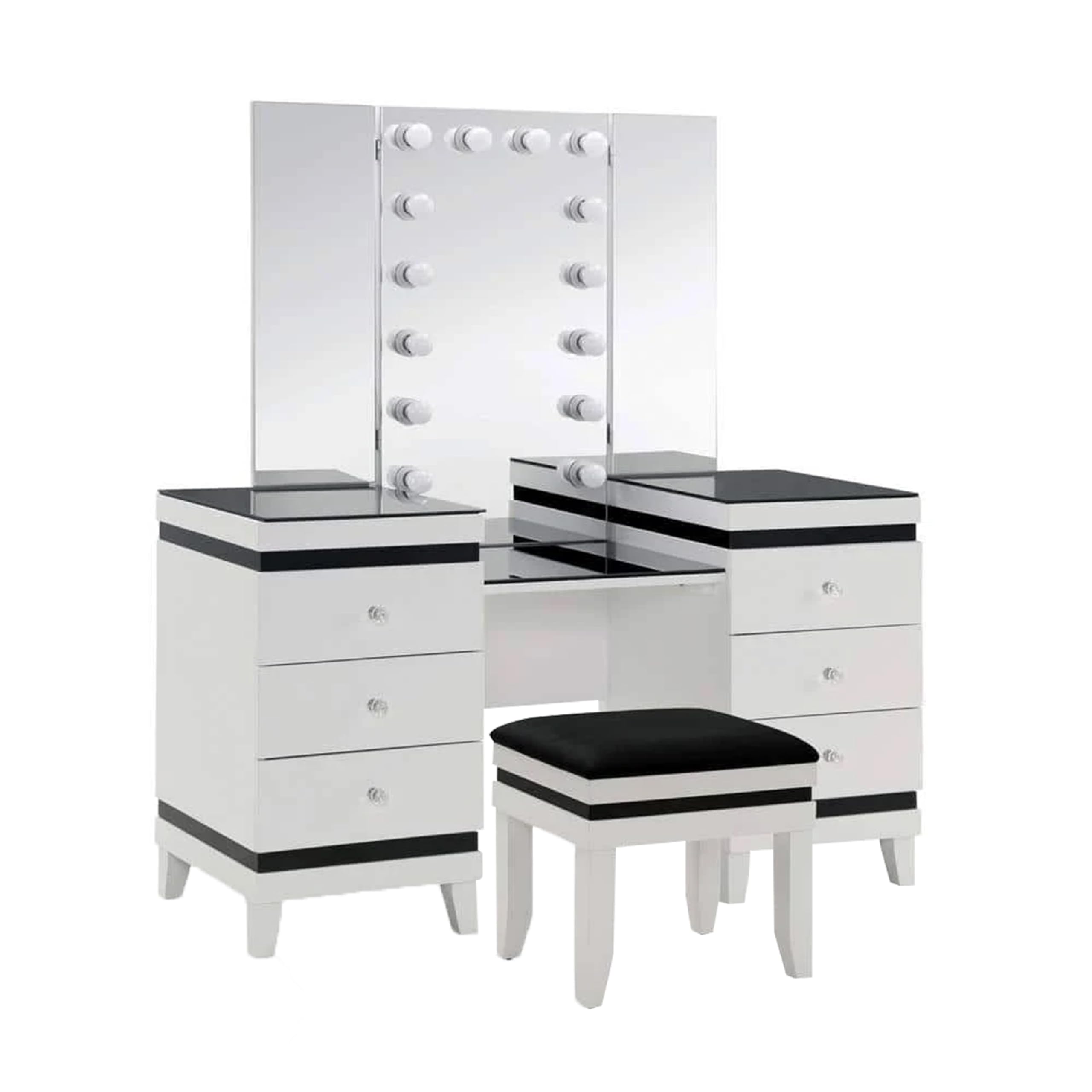 Denna Vanity Set with Stool, Tri-Fold Lighted Mirror, Black Glass Table