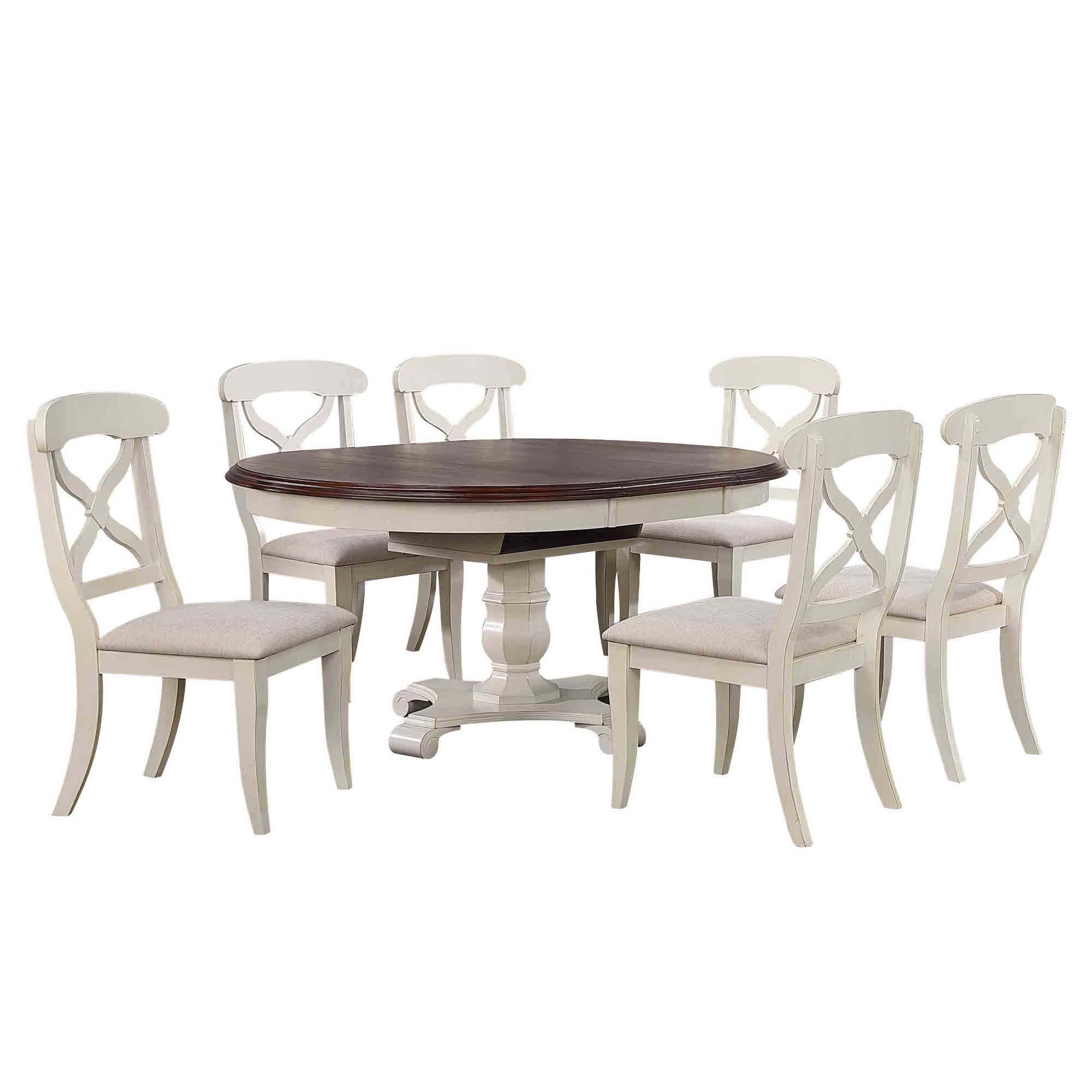 Sunset Trading Andrews 7 Piece 48 Round or 66” Oval Extendable Dining Set| Butterfly Leaf Table | Antique White and Chestnut Brown | Seats 6”
